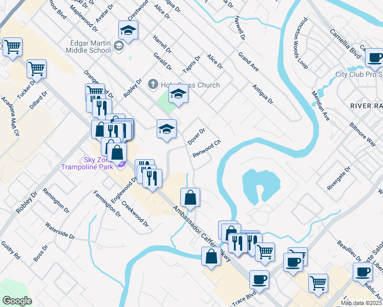 map of restaurants, bars, coffee shops, grocery stores, and more near 909 Broadmoor Boulevard in Lafayette