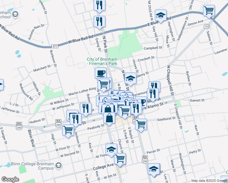 map of restaurants, bars, coffee shops, grocery stores, and more near 310 N Austin Pkwy in Brenham