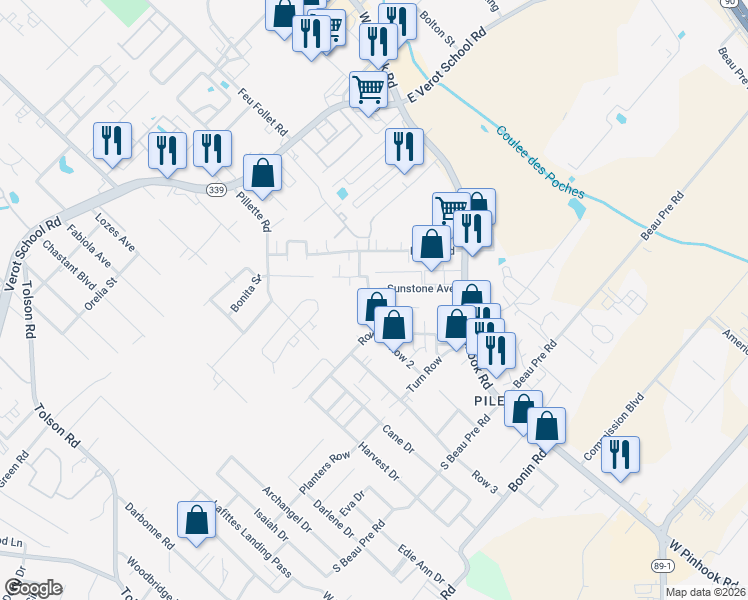 map of restaurants, bars, coffee shops, grocery stores, and more near 104 Elsinore Circle in Lafayette