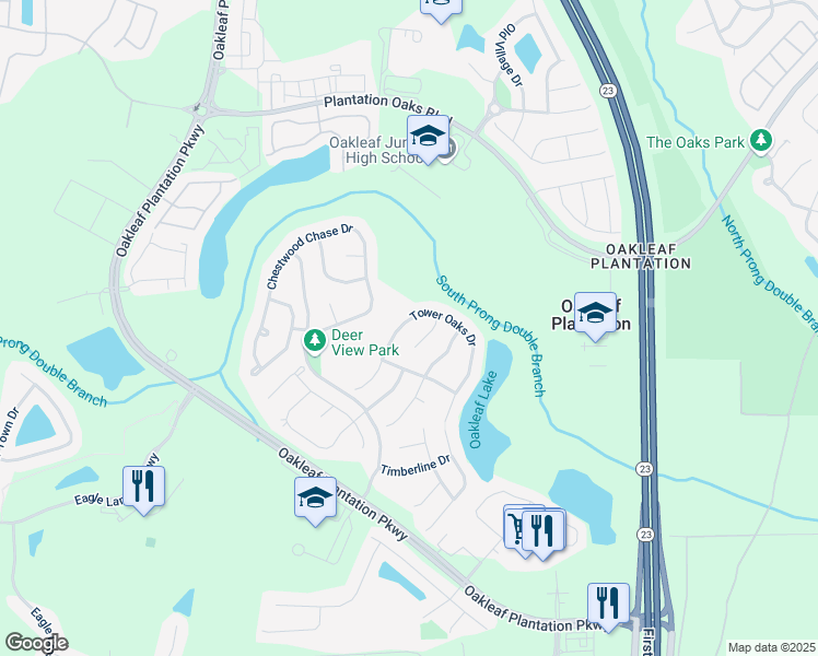 map of restaurants, bars, coffee shops, grocery stores, and more near 3143 Tower Oaks Drive in Orange Park