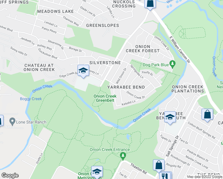 map of restaurants, bars, coffee shops, grocery stores, and more near 7506 Wild Onion Drive in Austin