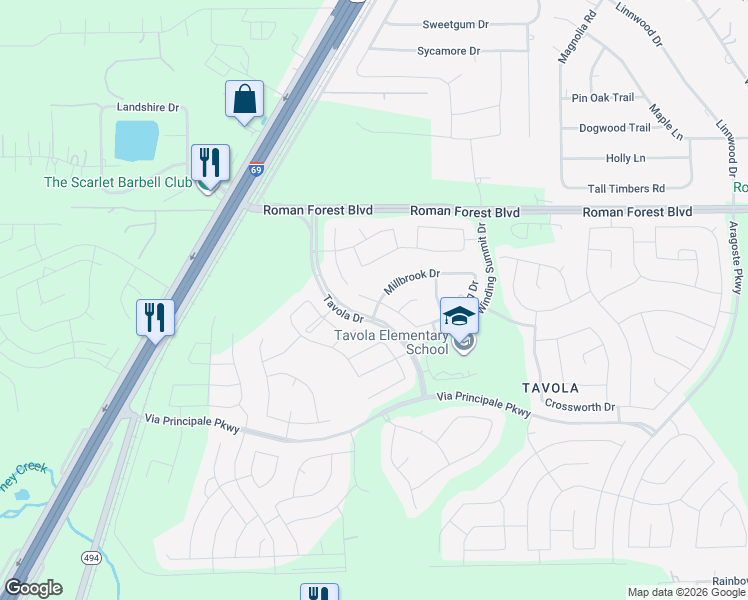 map of restaurants, bars, coffee shops, grocery stores, and more near 18870 Swansea Creek Drive in New Caney