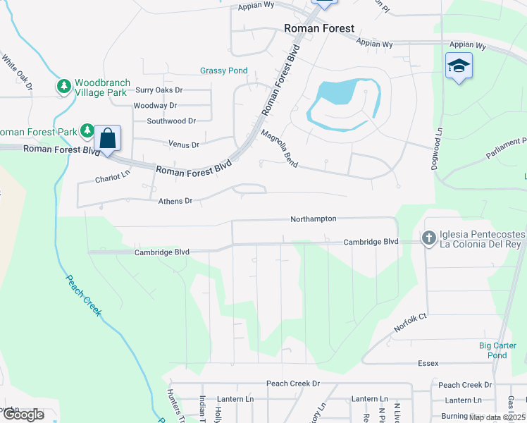 map of restaurants, bars, coffee shops, grocery stores, and more near 25501 Northampton in New Caney