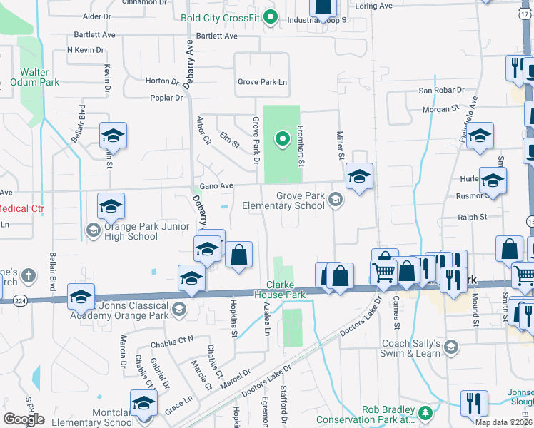 map of restaurants, bars, coffee shops, grocery stores, and more near 1613 Grove Park Drive in Orange Park