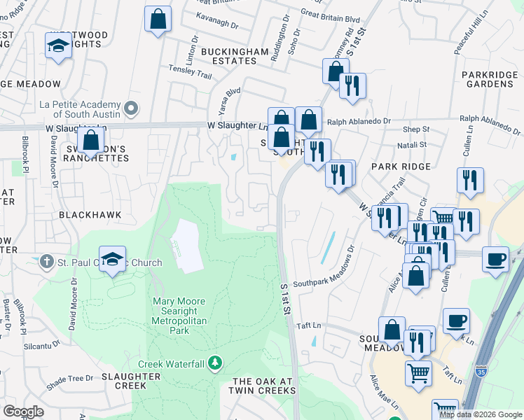 map of restaurants, bars, coffee shops, grocery stores, and more near 9308 South 1st Street in Austin