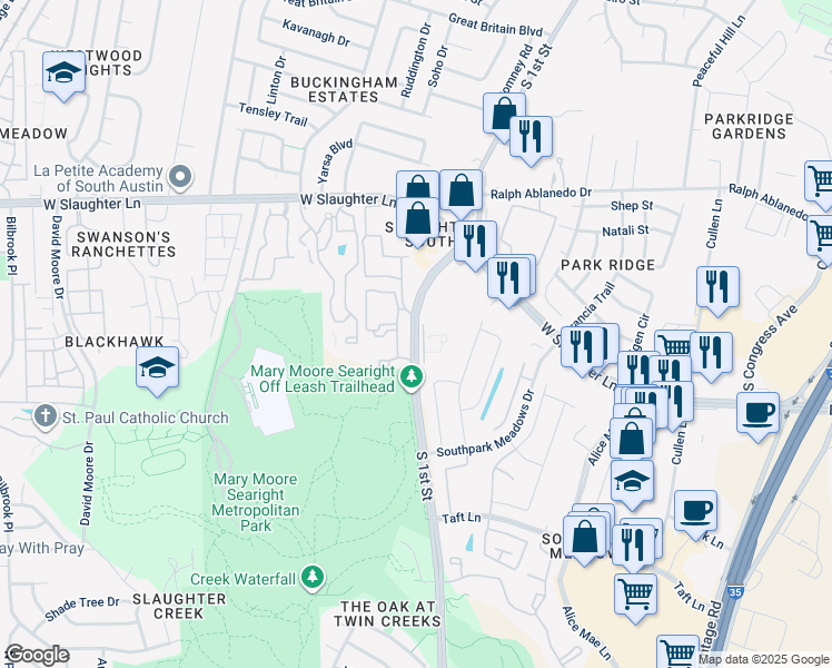 map of restaurants, bars, coffee shops, grocery stores, and more near 9315 South 1st Street in Austin