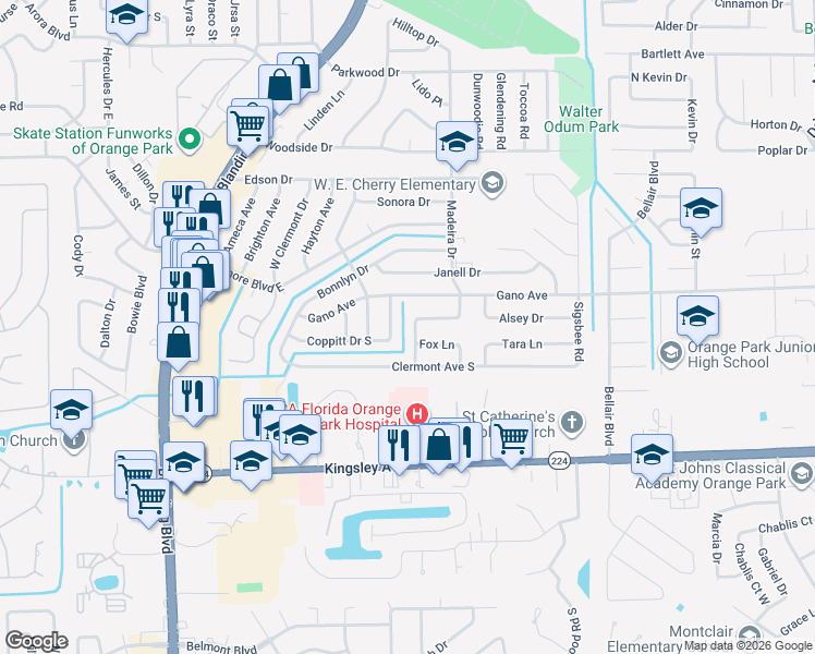 map of restaurants, bars, coffee shops, grocery stores, and more near 589 Madeira Drive in Orange Park