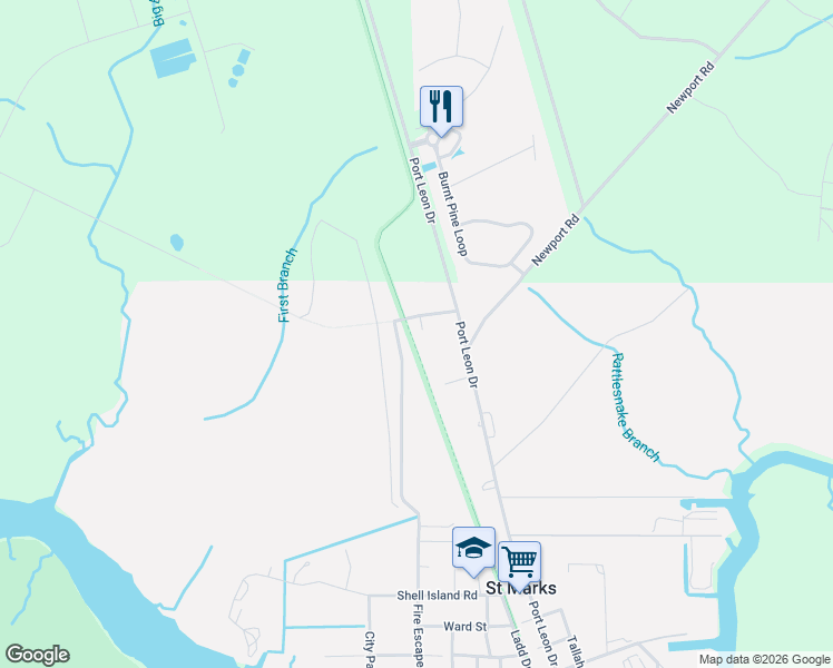 map of restaurants, bars, coffee shops, grocery stores, and more near 14 Ivey Adams Street in Saint Marks