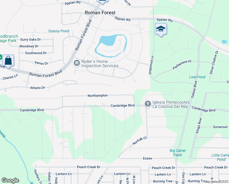 map of restaurants, bars, coffee shops, grocery stores, and more near 25573 Northampton in New Caney