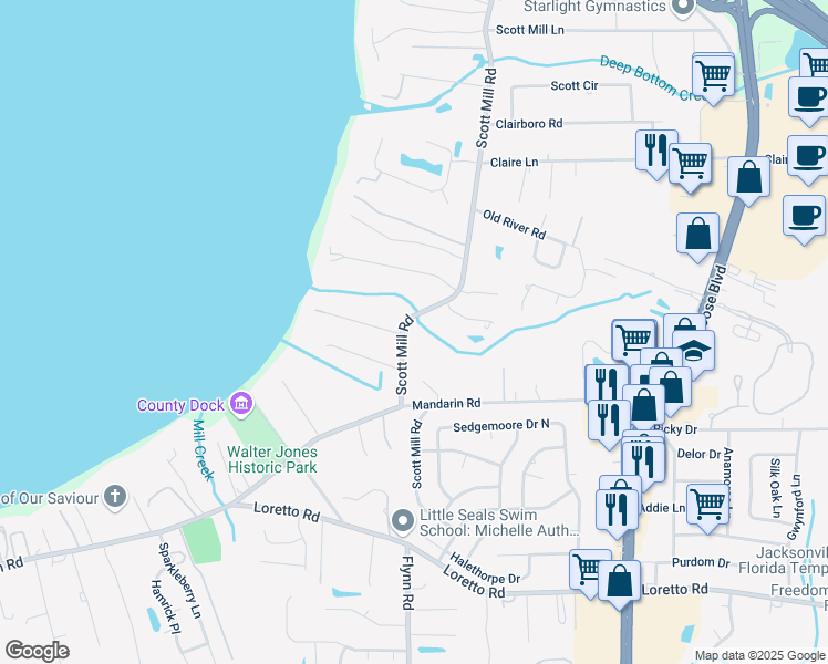 map of restaurants, bars, coffee shops, grocery stores, and more near 11287 Scott Mill Road in Jacksonville