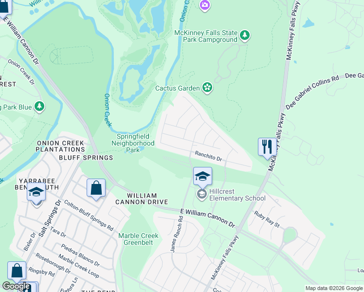 map of restaurants, bars, coffee shops, grocery stores, and more near 6700 Ranchito Drive in Austin