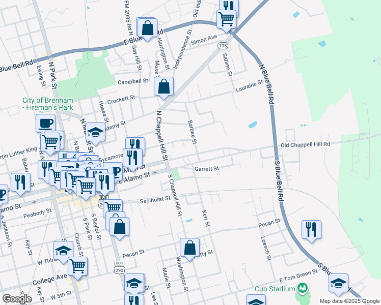 map of restaurants, bars, coffee shops, grocery stores, and more near 1103 E Main St in Brenham