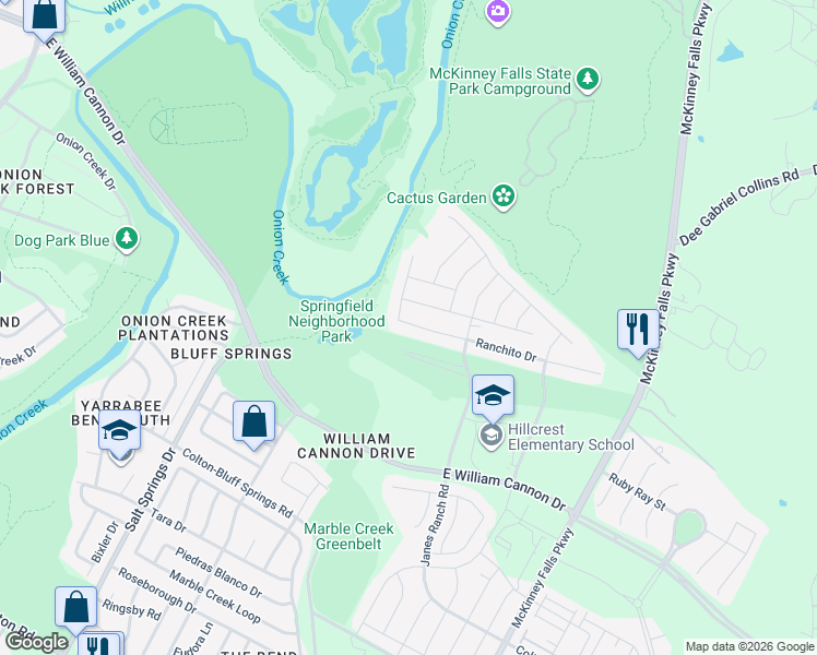 map of restaurants, bars, coffee shops, grocery stores, and more near 6513 Ranchito Drive in Austin