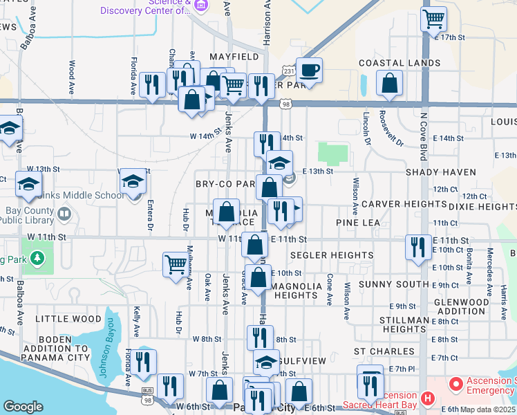 map of restaurants, bars, coffee shops, grocery stores, and more near 1147 Harrison Avenue in Panama City