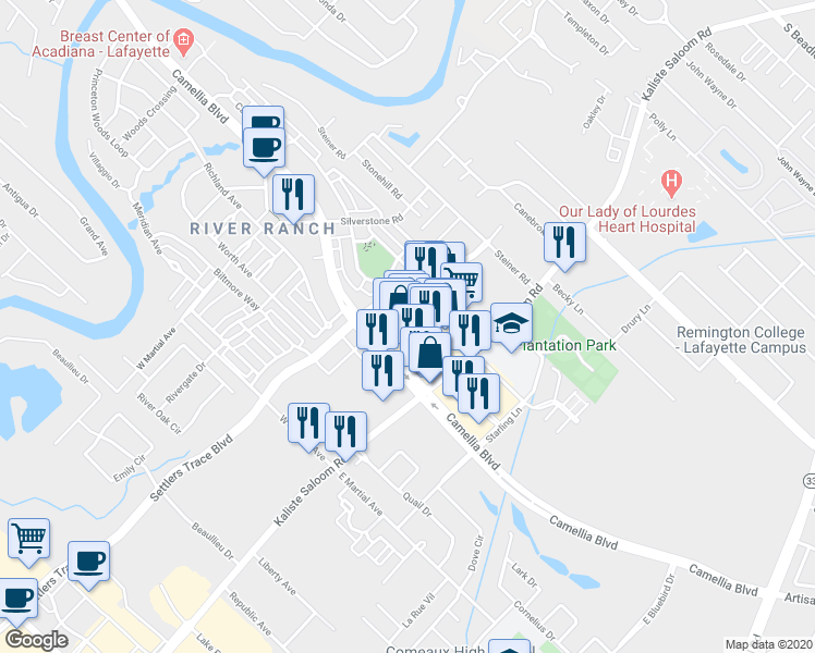 map of restaurants, bars, coffee shops, grocery stores, and more near 4103 Rue Poeyfarre in Lafayette
