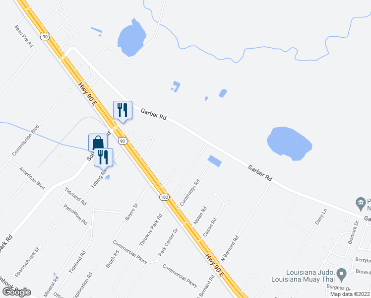 map of restaurants, bars, coffee shops, grocery stores, and more near 600 Garber Road in Broussard