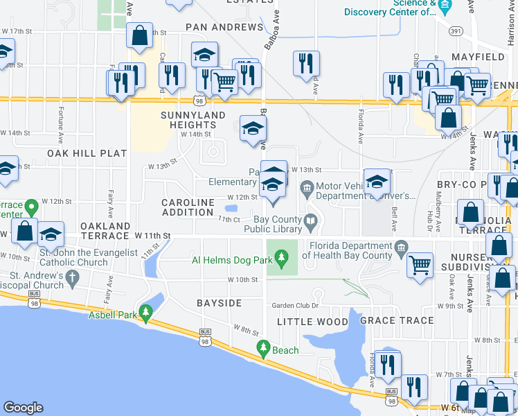 map of restaurants, bars, coffee shops, grocery stores, and more near 1135 Balboa Avenue in Panama City