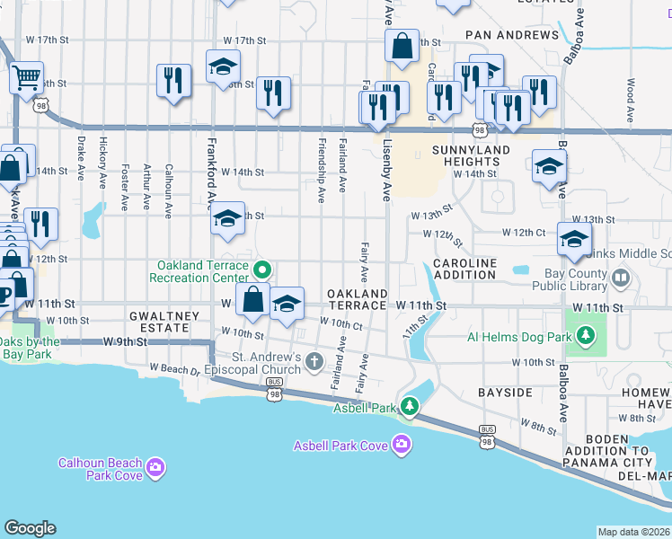 map of restaurants, bars, coffee shops, grocery stores, and more near 1117 Fairland Avenue in Panama City