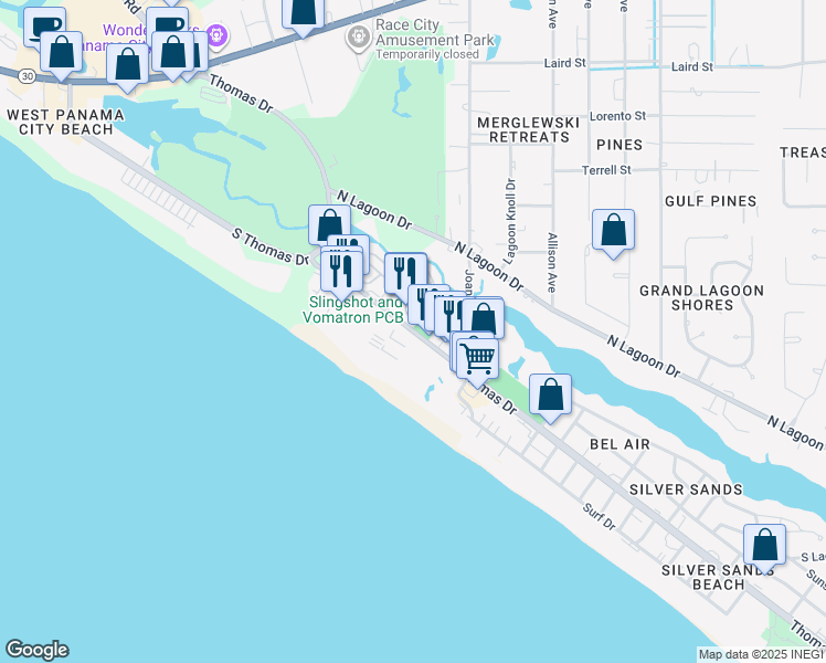 map of restaurants, bars, coffee shops, grocery stores, and more near 9900 Thomas Drive in Panama City