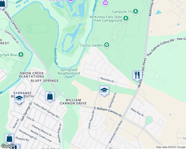 map of restaurants, bars, coffee shops, grocery stores, and more near 6616 Ranchito Drive in Austin