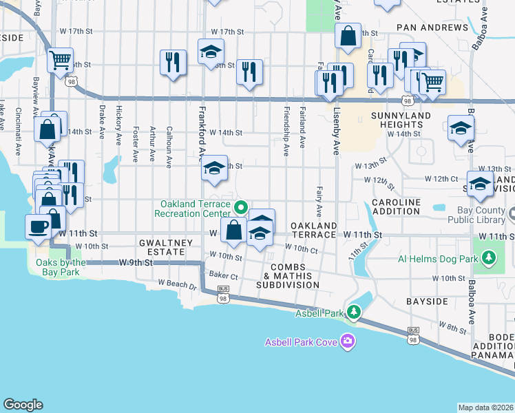 map of restaurants, bars, coffee shops, grocery stores, and more near 1114 Flower Avenue in Panama City