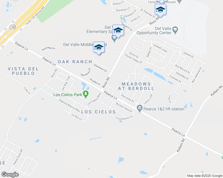 map of restaurants, bars, coffee shops, grocery stores, and more near 12800 Pearce Lane in Del Valle