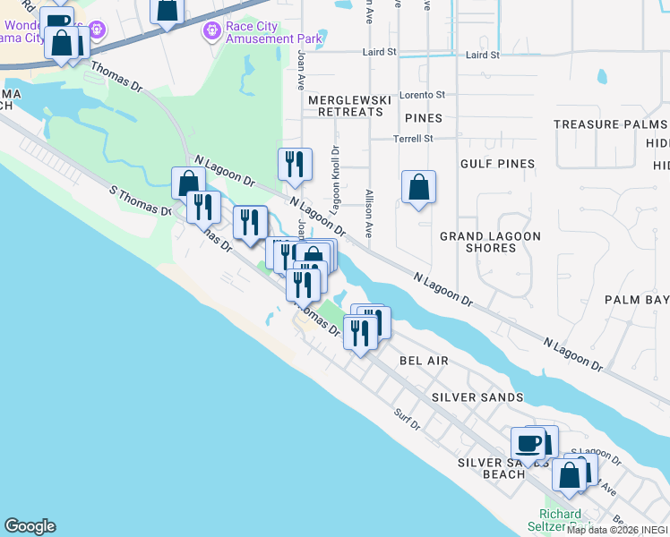 map of restaurants, bars, coffee shops, grocery stores, and more near 4730 Thomas Drive in Panama City Beach