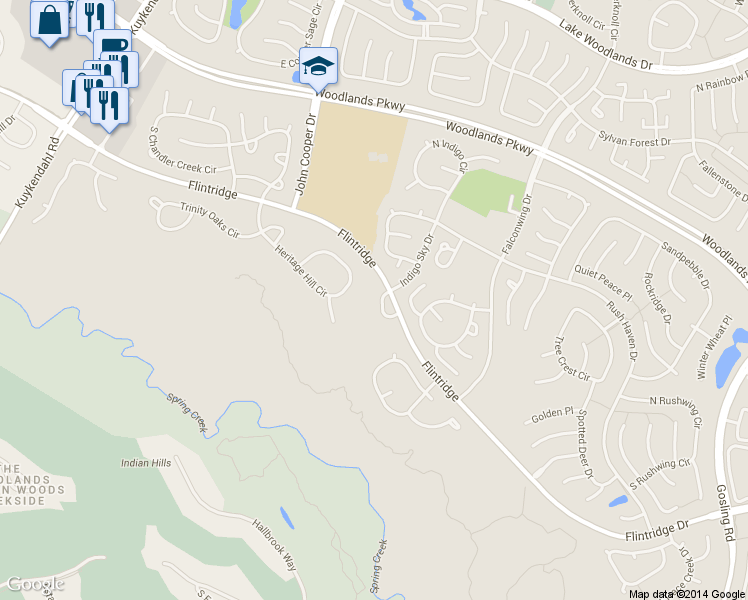 map of restaurants, bars, coffee shops, grocery stores, and more near 19 Tealbriar Circle in Spring