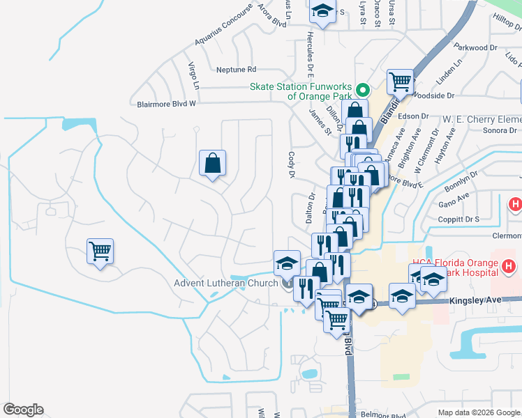 map of restaurants, bars, coffee shops, grocery stores, and more near 341 Glenlyon Drive in Orange Park