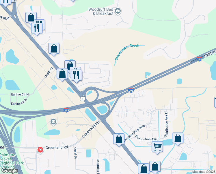 map of restaurants, bars, coffee shops, grocery stores, and more near 11029 Creekwood Drive in Jacksonville
