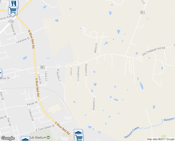 map of restaurants, bars, coffee shops, grocery stores, and more near 307 Shepard Lane in Brenham