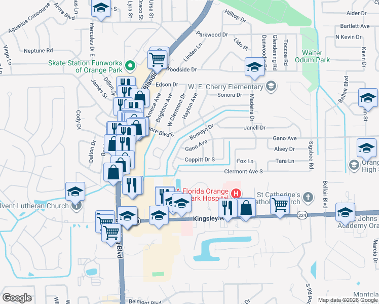 map of restaurants, bars, coffee shops, grocery stores, and more near 286 Gano Avenue in Orange Park