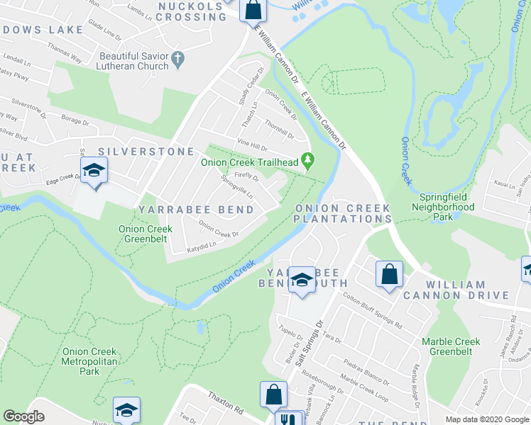 map of restaurants, bars, coffee shops, grocery stores, and more near Onion Creek Drive & Springville Lane in Austin