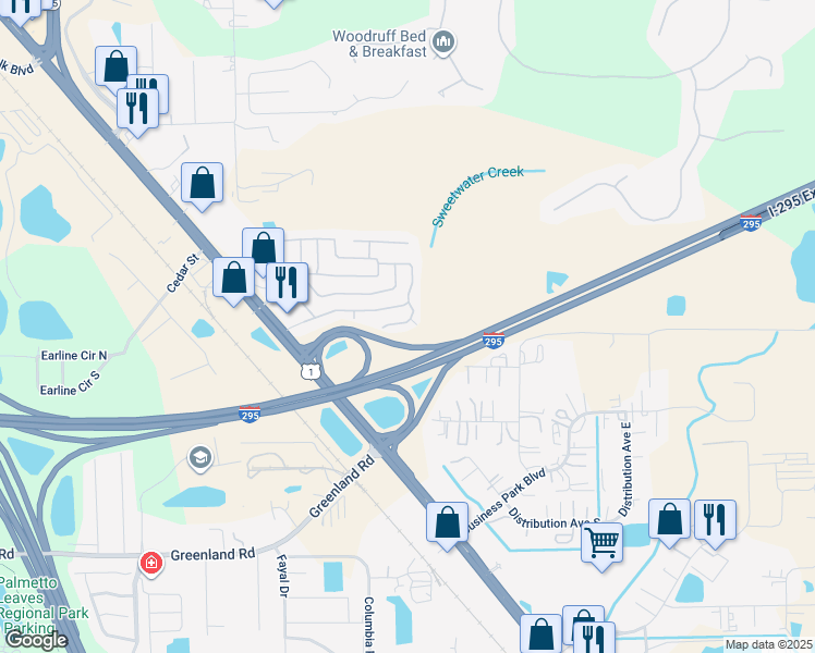 map of restaurants, bars, coffee shops, grocery stores, and more near 11029 Creekwood Drive in Jacksonville