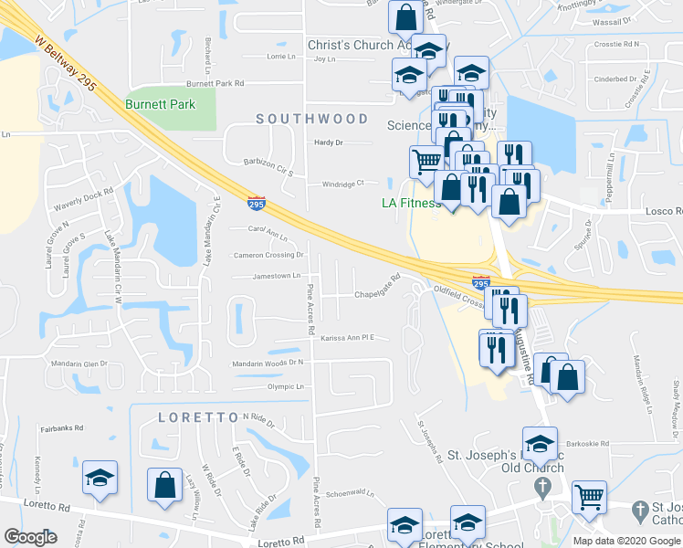 map of restaurants, bars, coffee shops, grocery stores, and more near 11303 Finchley Lane in Jacksonville
