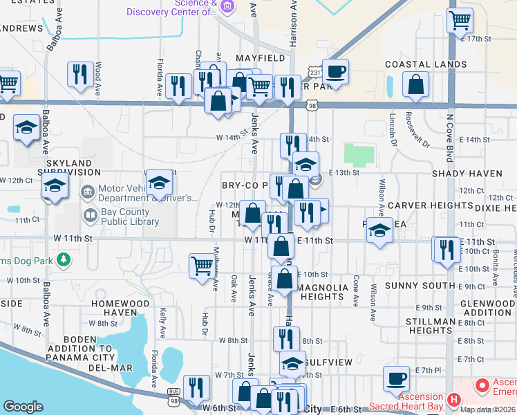 map of restaurants, bars, coffee shops, grocery stores, and more near 105 West 12th Street in Panama City