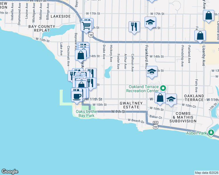 map of restaurants, bars, coffee shops, grocery stores, and more near 1112 Drake Avenue in Panama City