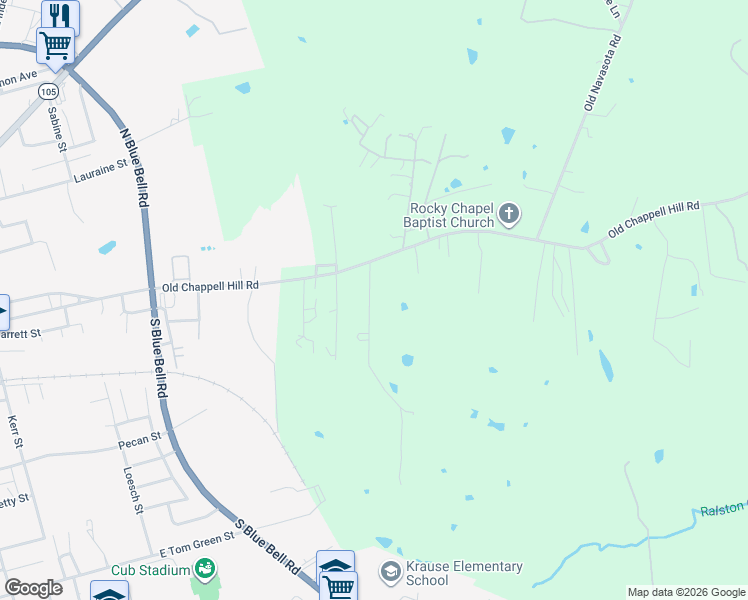 map of restaurants, bars, coffee shops, grocery stores, and more near 307 Shepard Lane in Brenham