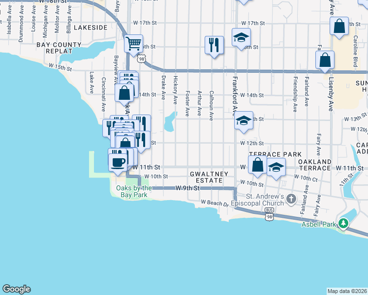 map of restaurants, bars, coffee shops, grocery stores, and more near 1115 Foster Avenue in Panama City