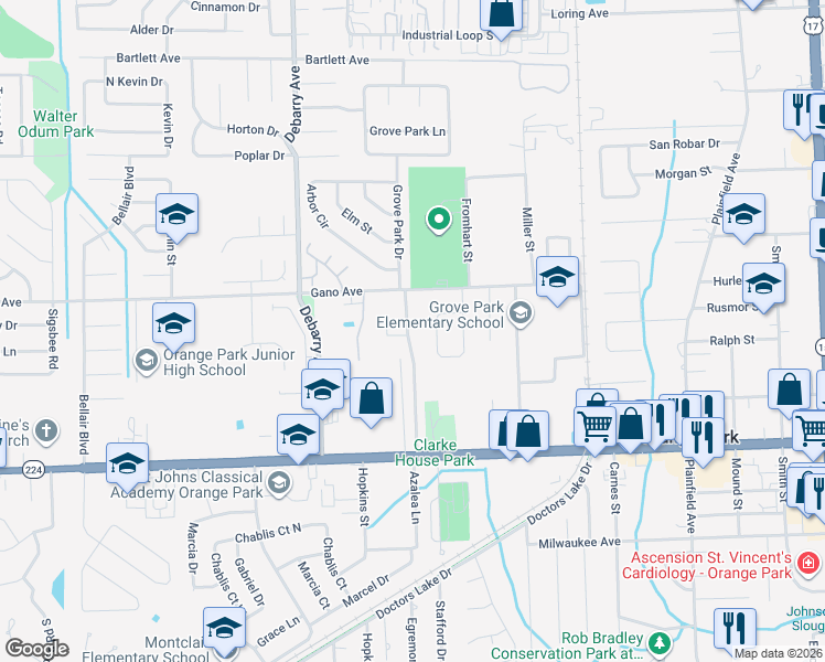 map of restaurants, bars, coffee shops, grocery stores, and more near 1613 Grove Park Drive in Orange Park