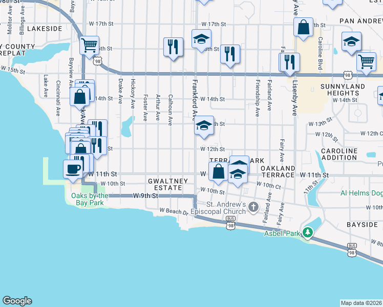 map of restaurants, bars, coffee shops, grocery stores, and more near 1120 Frankford Avenue in Panama City