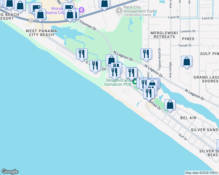 map of restaurants, bars, coffee shops, grocery stores, and more near 8815 Thomas Drive in Panama City Beach