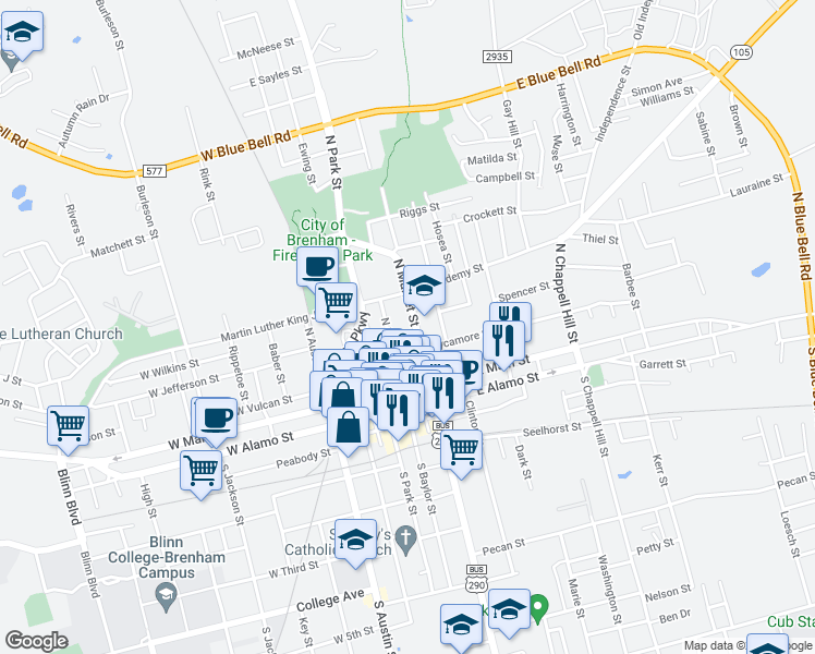 map of restaurants, bars, coffee shops, grocery stores, and more near 309 North Market Street in Brenham