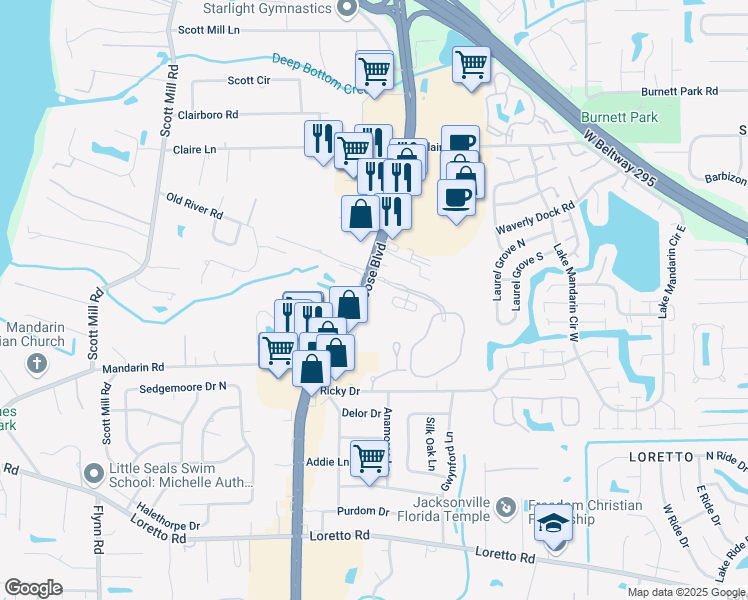 map of restaurants, bars, coffee shops, grocery stores, and more near 11261 San Jose Boulevard in Jacksonville