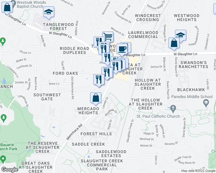 map of restaurants, bars, coffee shops, grocery stores, and more near Manchaca Road in Austin