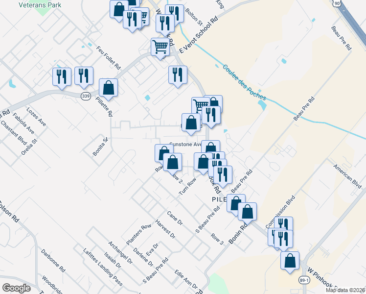map of restaurants, bars, coffee shops, grocery stores, and more near Sunstone Ave in Lafayette