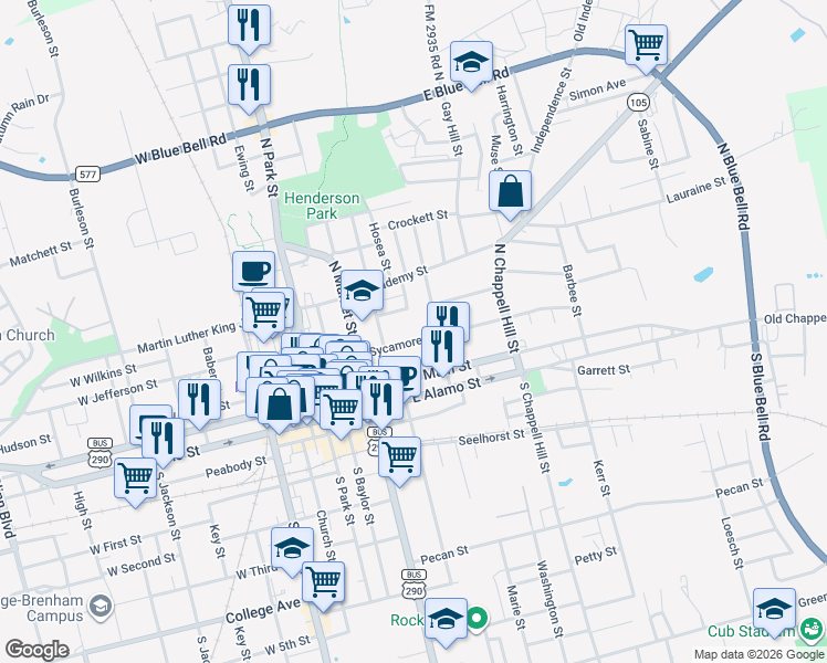 map of restaurants, bars, coffee shops, grocery stores, and more near 501 Sycamore Street in Brenham
