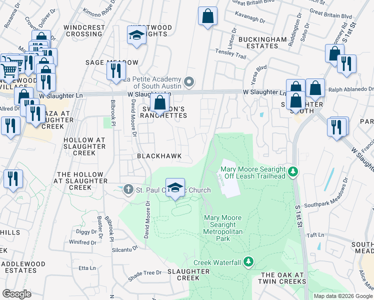 map of restaurants, bars, coffee shops, grocery stores, and more near 905 Totis Road in Austin