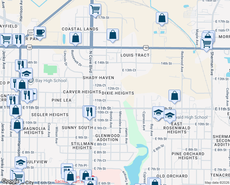 map of restaurants, bars, coffee shops, grocery stores, and more near 821 East 12th Street in Panama City