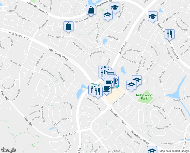 map of restaurants, bars, coffee shops, grocery stores, and more near 195 South Pathfinders Circle in Spring